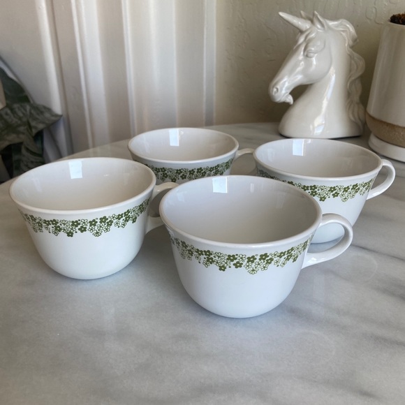 VINTAGE • 70s Avocado Green Tea Cups Mugs Corelle CorningWare Made USA Set of 4 - Picture 4 of 11